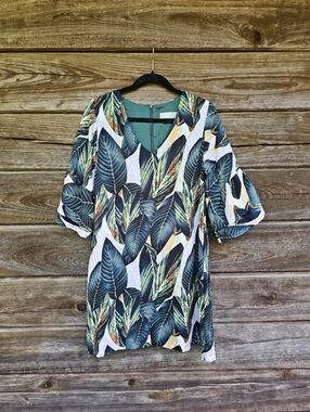 Belongsci Tropical Leaf Print Tunic Top Green Multicolor V-Neck Size M